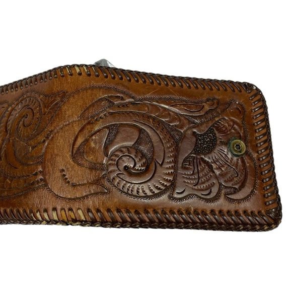 Vintage Tooled Leather Folding Wallet Handmade Western Southwest Filagree Detail - Picture 4 of 15
